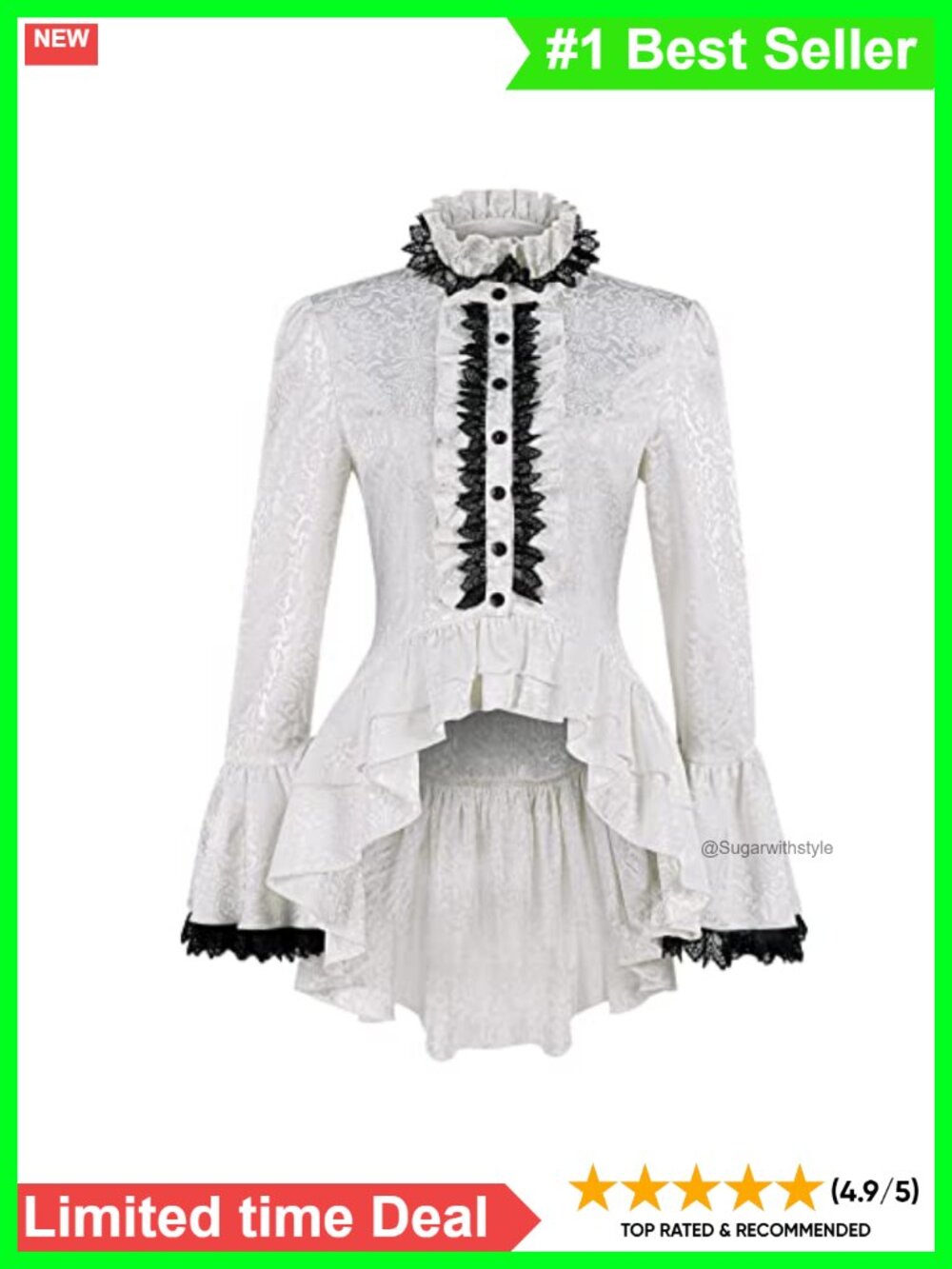 Gothic Victorian Ruffle Lace Long Sleeve High Low Blouse